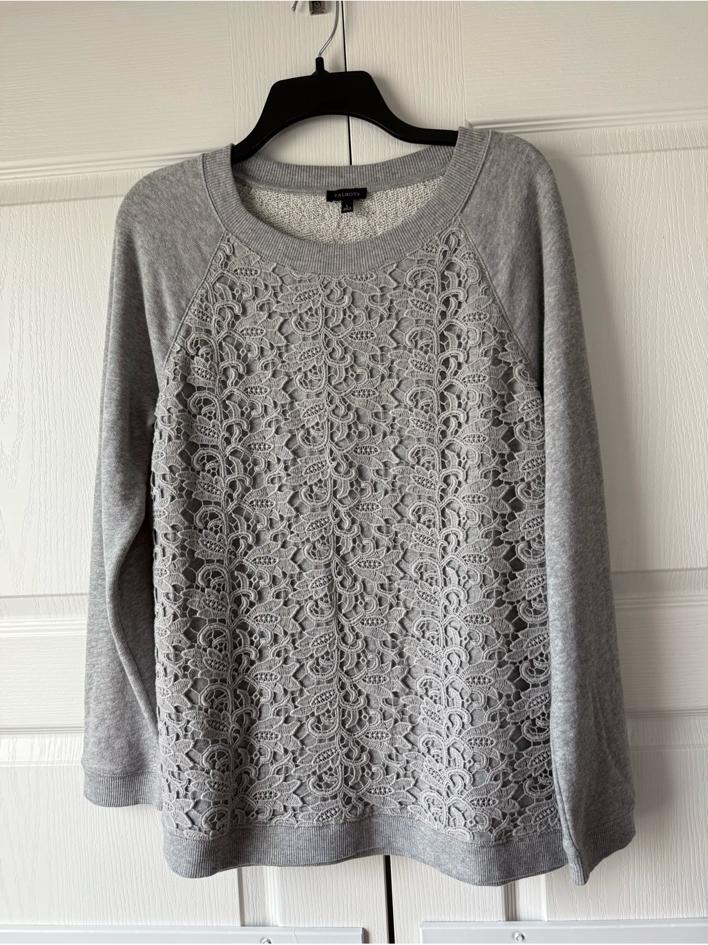 Talbots Grey Floral Cutout Mesh Ls Sweatshirt Crew Neck Size Large Comfortable
